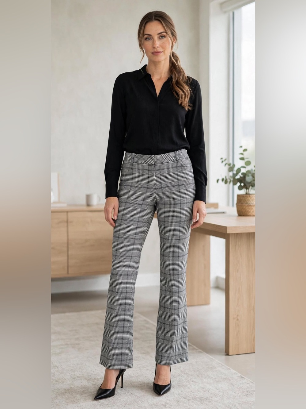 Express Columnist Glen Plaid Bootcut Dress Pants Black White 8R